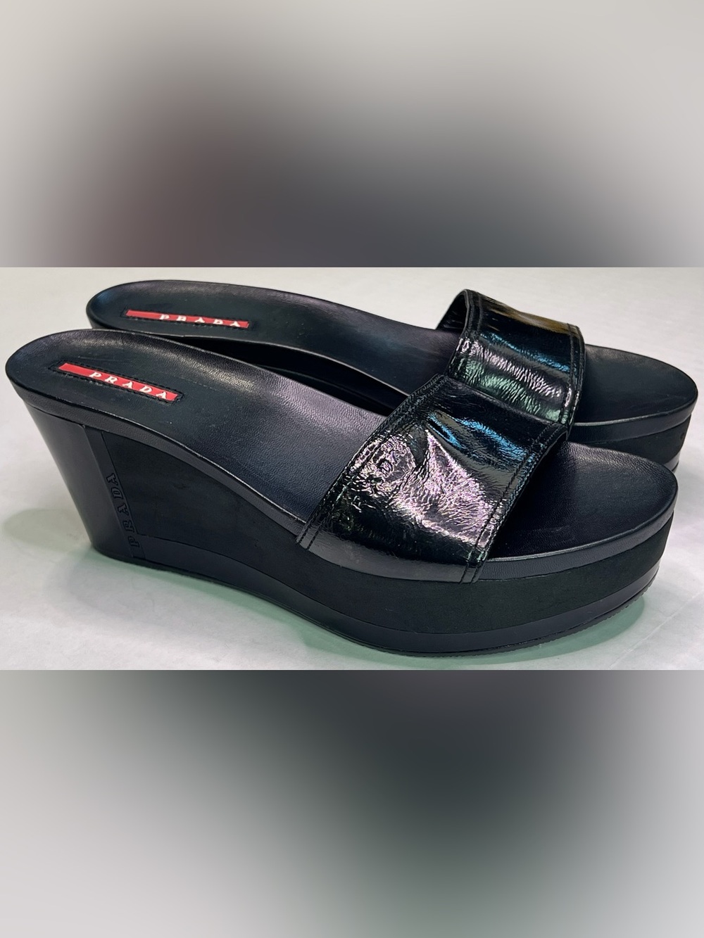 Prada Linea Rossa Sport Black Patent Leather Platform Wedge Slide Sandals 38 NWT